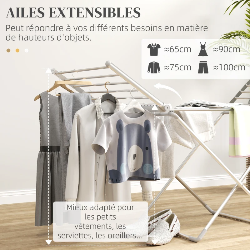 HOMCOM Séchoir à linge étendoir à linge 2 ailes latérales extensibles cadre en alliage d'aluminium 144 x 53 x 91 cm