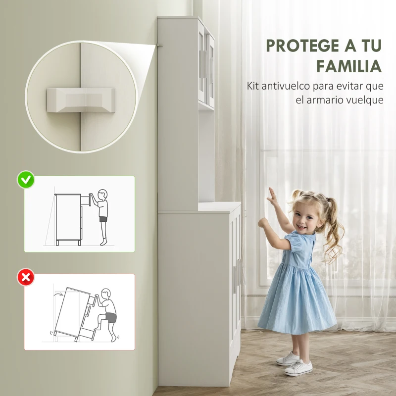 HOMCOM Alacena de Cocina con 2 Puertas de Vidrio Encimera Amplia para Microondas Estantes Ajustables Blanco