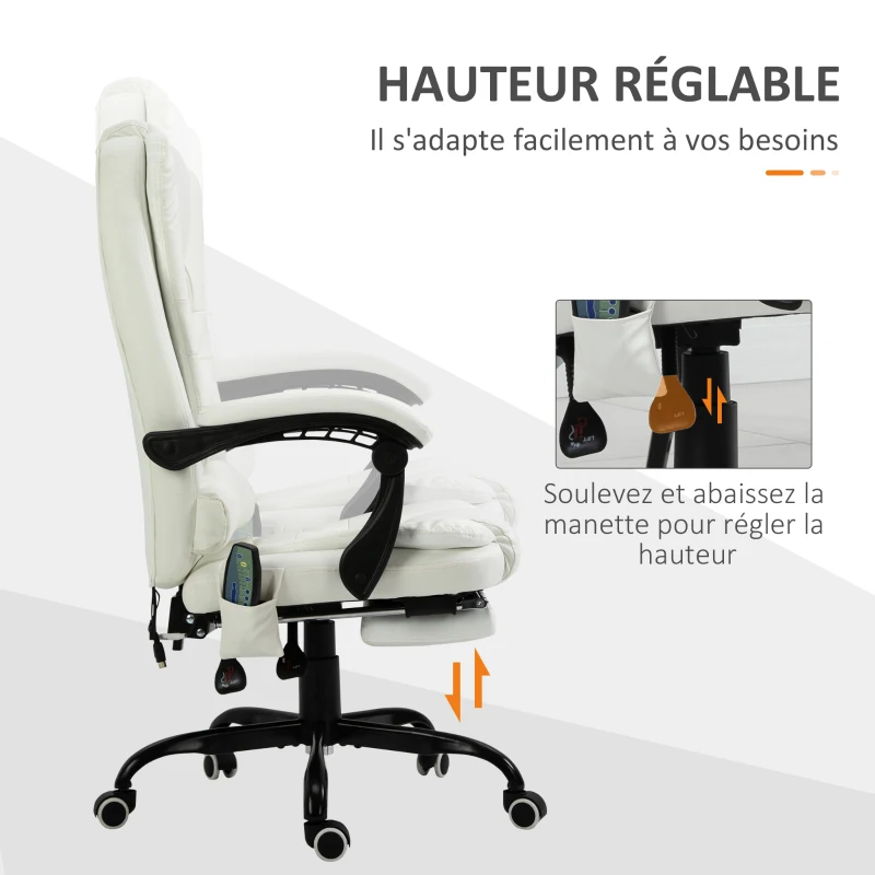 Vinsetto Fauteuil de bureau massant, chaise de bureau, chaise ergonomique avec hauteur réglable, dossier inclinable et télécommande filaire, repose-pieds rétractable et pivotant à 360°, blanc(m-6)