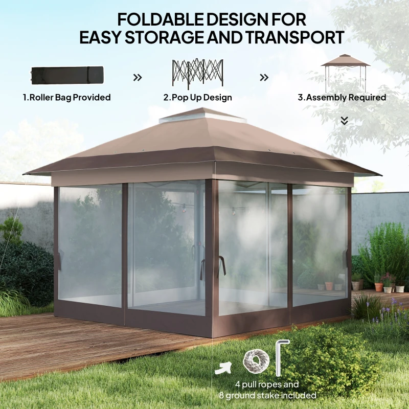 Outsunny 3.6 x 3.6 m Pop up Gazebo with Netting, Height Adjustable Party Tent Instant Canopy Sun Shade Shelter, Khaki