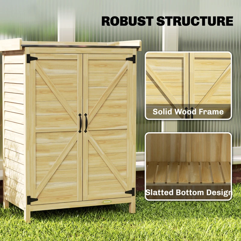 Outsunny Wooden Outdoor Garden Shed with Metal Top and Hooks for Tool Storage, 71.5x39x95 cm, Natural