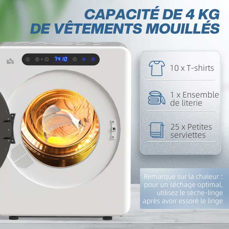 HOMCOM Sèche linge à évacuation, sèche-linge électrique 1000 W 3 Kg, 6 modes de séchage, minuterie, acier inoxydable, blanc