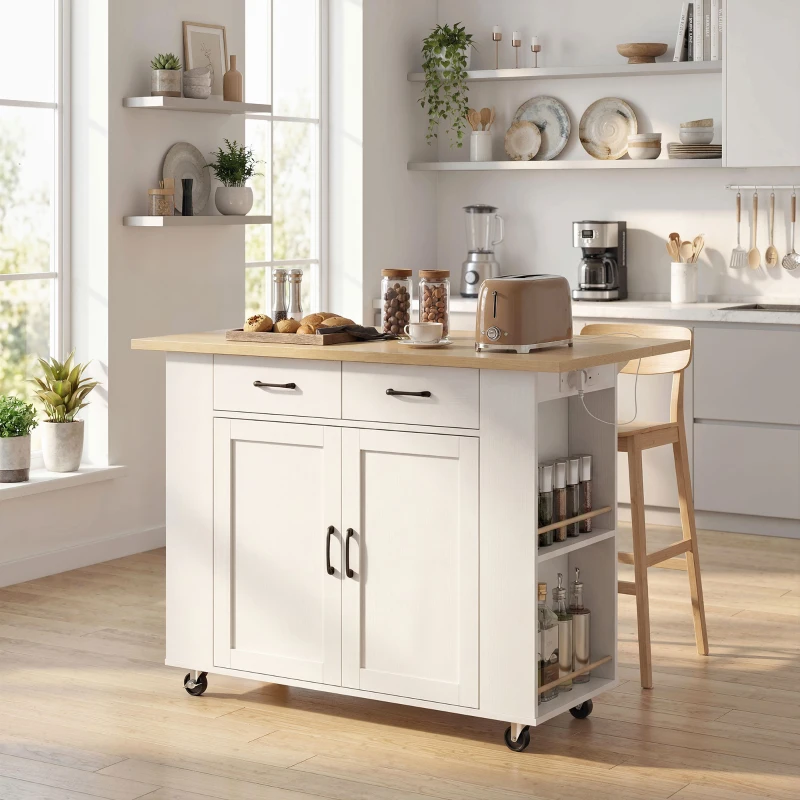 HOMCOM Isla de Cocina con Estación de Carga, Carrito de Cocina con Ruedas y Encimera Abatible, 2 Cajones, Blanco