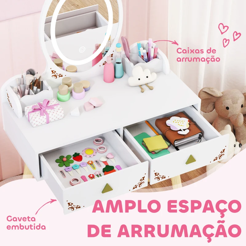 AIYAPLAY Tocador de Maquilhagem com Luzes LED de 3 Cores  Banco Espelho 2 Gavetas 2 Caixas de Armazenamento 60x30x99,3 cm Branco