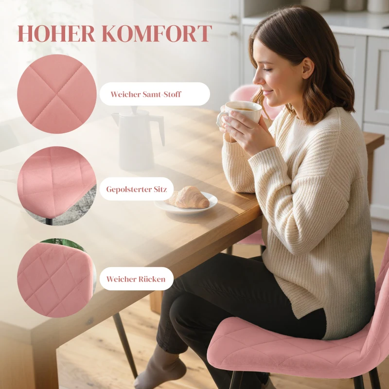 HOMCOM Esszimmerstühle 4er Set Küchenstuhl mit Rückenlehne, Samtoptik, Sessel 45 x 54 x 87 cm Rosa(m-4)