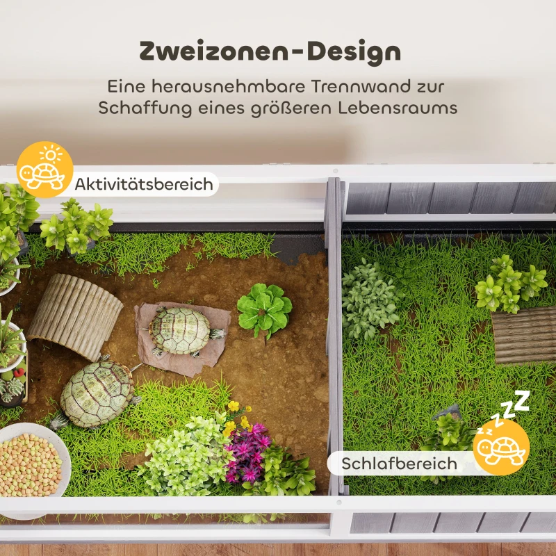 PawHut Schildkrötenhaus aus Holz Schildkrötengehege mit Haupthaus, Sichtfenster, Deckel, 104cm x 53cm x 82cm, Weiß+Grau