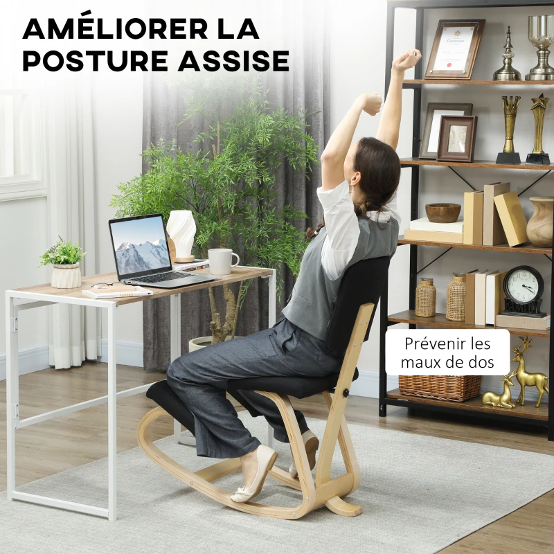 HOMCOM Siège assis genoux, tabouret ergonomique en bois à bascule avec dossier, chaise à genoux pour bureau à domicile, noir