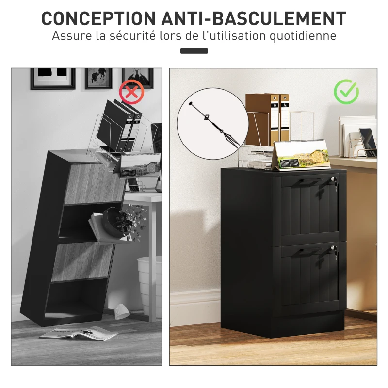 HOMCOM Caisson bureau, meuble rangement bois 2 tiroirs et serrure, barres de suspension réglables, 40 x 40 x 71 cm, noir