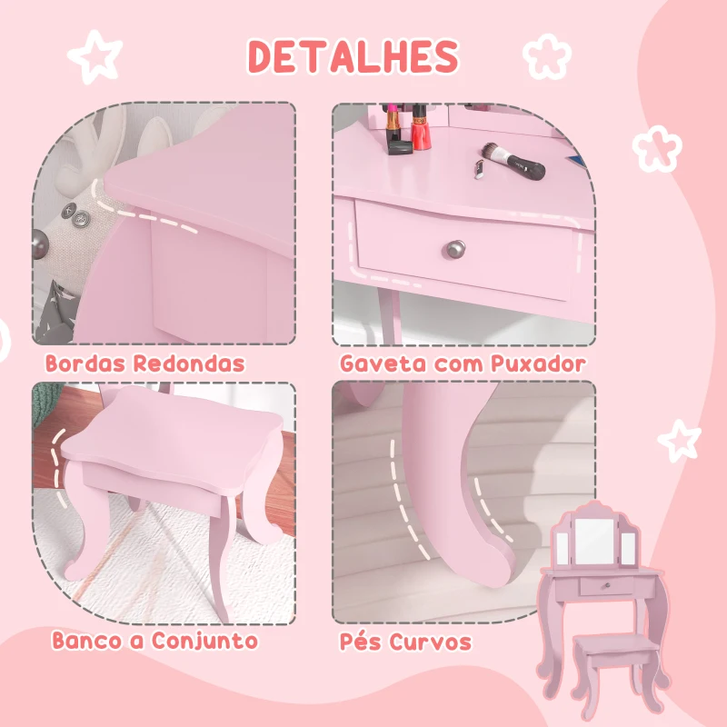 HOMCOM Toucador Infantil de Madeira com Banco e Espelho de Acrílico de 2 Seções Mesa de Maquilhagem Infantil 63x40x85,5 cm Rosa