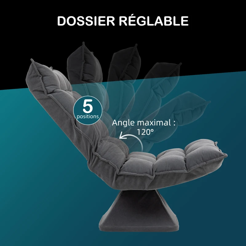 HOMCOM Fauteuil relax fauteuil salon design capitonné inclinaison dossier réglable pivotant 360° revêtement lin gris chiné