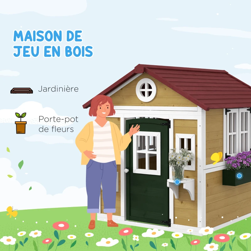 Outsunny Cabane enfant extérieur maison enfant extérieure avec porte fenêtres et jardinières 114 x 126,4 x 135 cm beige