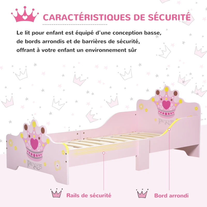 HOMCOM Lit Enfant 140 x 70 cm - lit d'enfant Design Princesse Motif Couronne - sommier à Lattes Inclus - MDF Contre-plaqué Rose