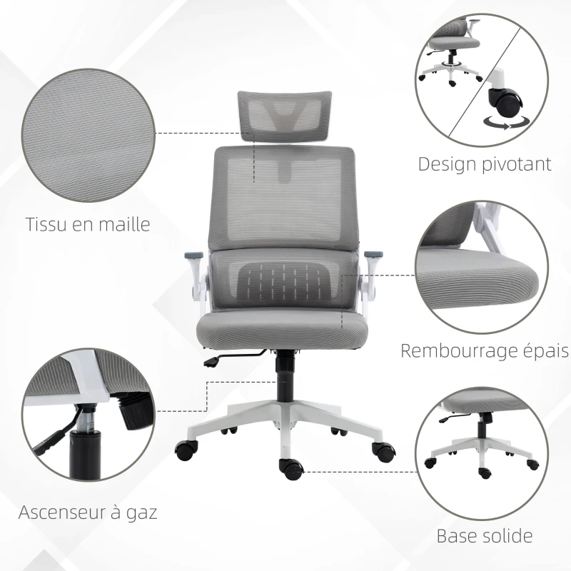 Vinsetto Fauteuil de bureau réglable tissu maille polyester dossier ergonomique inclinable pivotant Gris