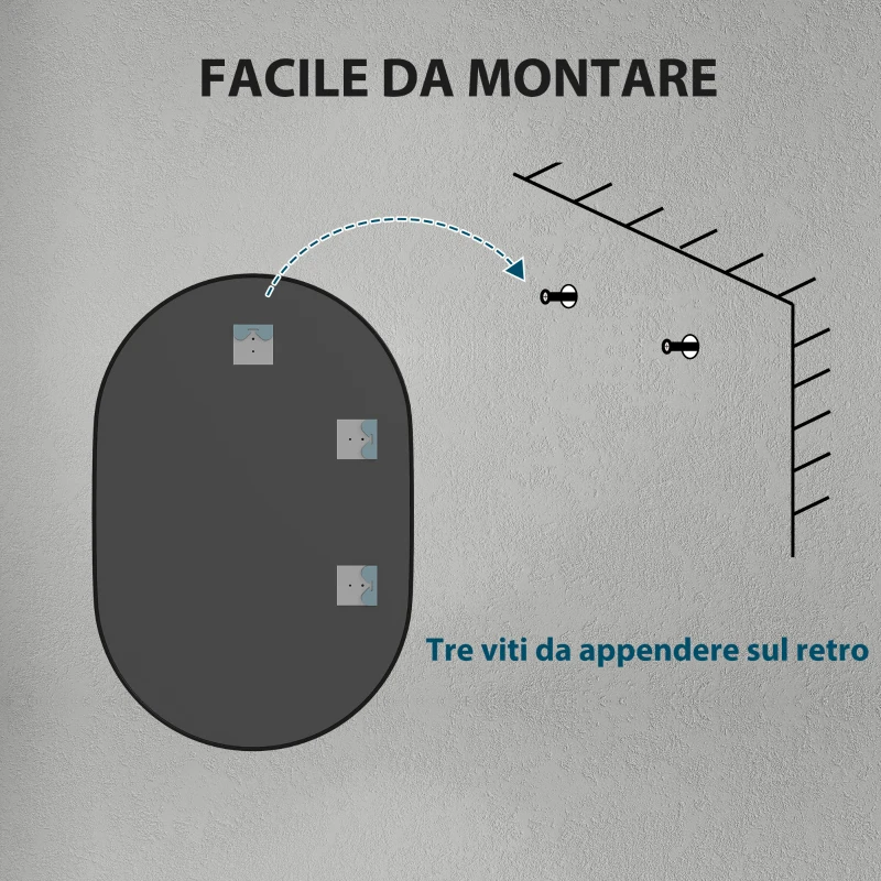 HOMCOM Specchio Bagno Ovale da Parete con Cornice in Alluminio, Verticale o Orizzontale, 60x90cm, Nero