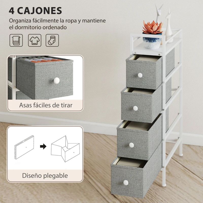 HOMCOM Cómoda con 4 Cajones de Tela Marco de Acero Cómoda para Dormitorio para Espacios Pequeños Salón Vestidor Gris Claro