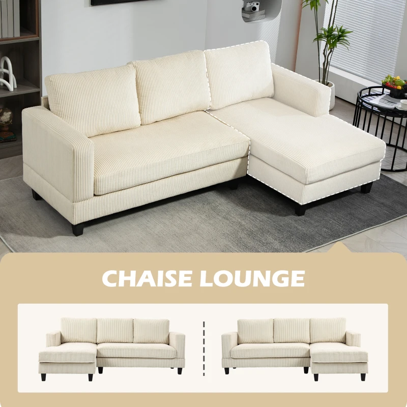 HOMCOM Sofá Chaise Longue de 3 Plazas en Forma de L Tapizado en Pana Asiento y Respaldo Acolchados 214x134x87 cm Beige