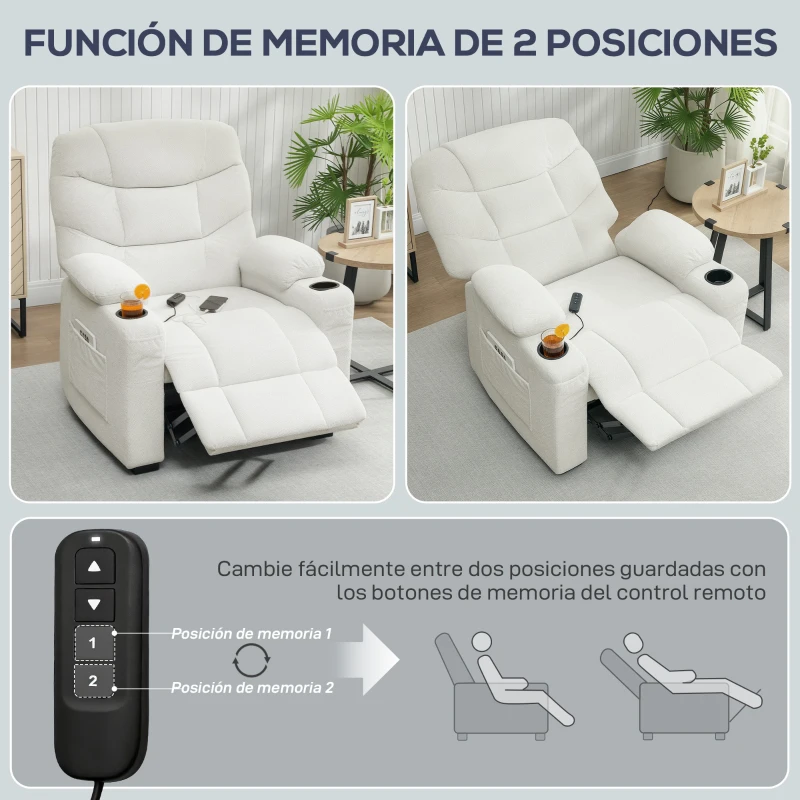 HOMCOM Sillón Relax Reclinable Eléctrico Silencioso con Función Memoria Reposapiés Mando a Distancia Bolsillos Laterales Crema