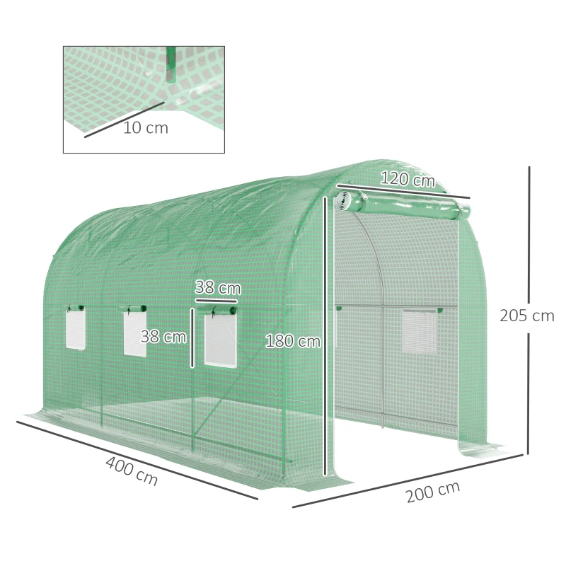 Outsunny Serre de Jardin Tunnel Surface Sol 8 m² 4L x 2l x 2,05H m châssis Tubulaire Porte zippée 6 fenêtres enroulables vert