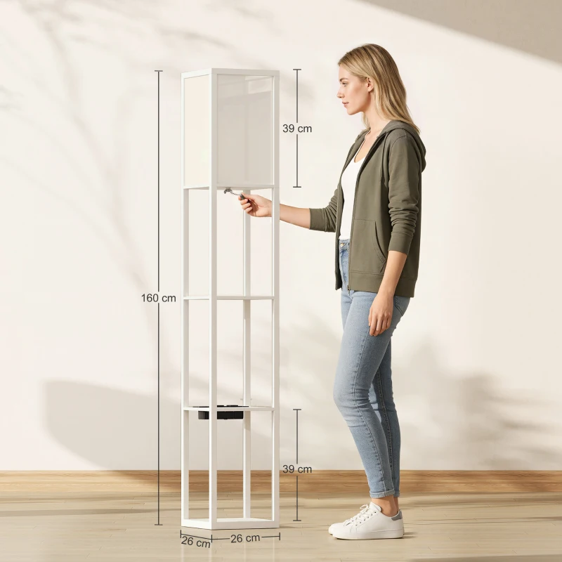 HOMCOM Lampadaire avec tablettes, lumière réglable, interrupteur au pied et ports USB, blanc