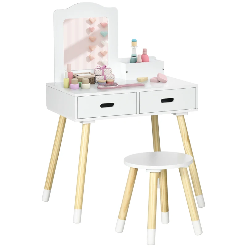 ZONEKIZ Tocador de Madera Infantil con Taburete y Espejo Centro de Belleza con 2 Cajones para 3-6 Años 60x40x95cm Blanco