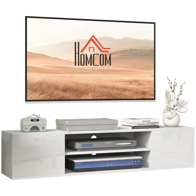 HOMCOM Meuble banc TV mural suspendu style contemporain 2 placards 2 niches centrales et 2 passe-câbles 140 x 30 x 30 cm blanc