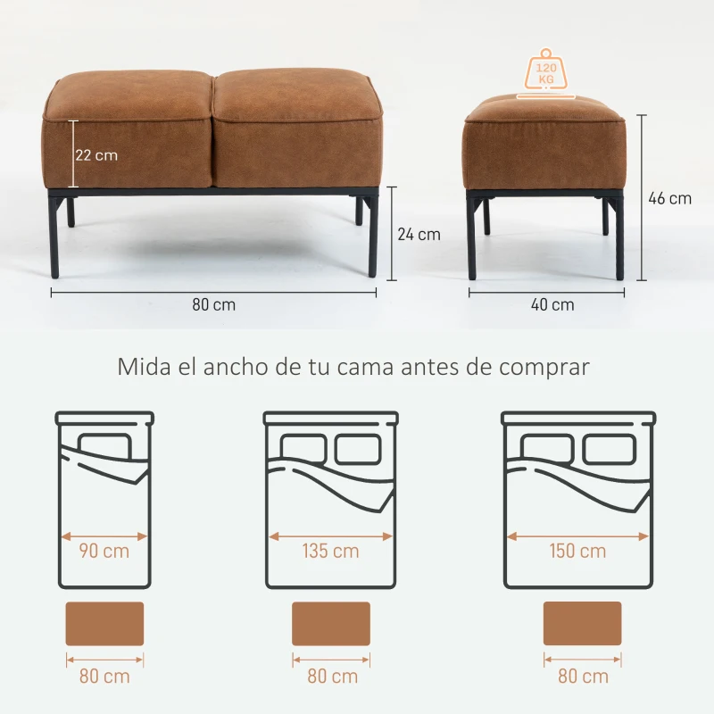 HOMCOM Taburete Pie de Cama Moderno de Cuero Sintético con Asiento Acolchado Grueso y Patas de Acero 80x40x46 cm Marrón