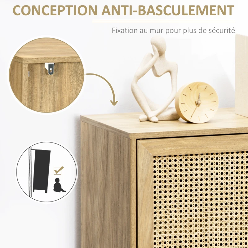 HOMCOM Meuble de rangement buffet 1 porte cannage effet bois - dim. 80L x 39l x 70H cm