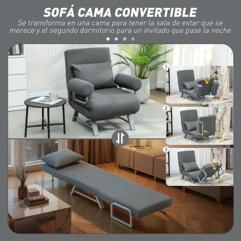 HOMCOM Sillón Cama Individual 3 en 1 Sofá Cama Plegable con Respaldo Ajustable y Cojín para Sala Dormitorio 73x78x81 cm Gris