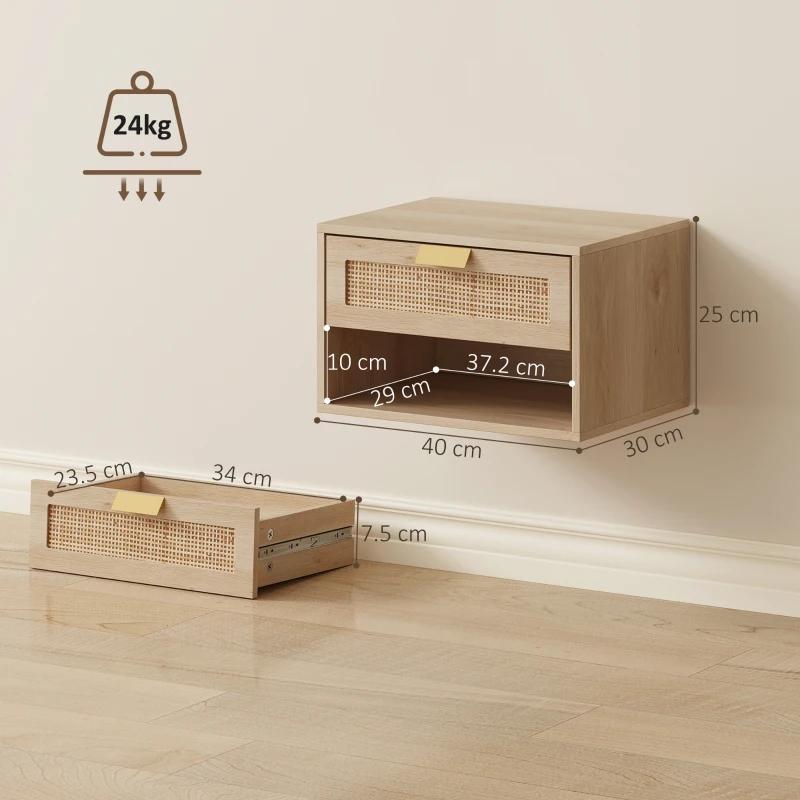 HOMCOM Set de 2 Noptiere Suspendate cu Sertar din Ratan Raft Deschis Economisire Spațiu 40x30x25 cm Stejar