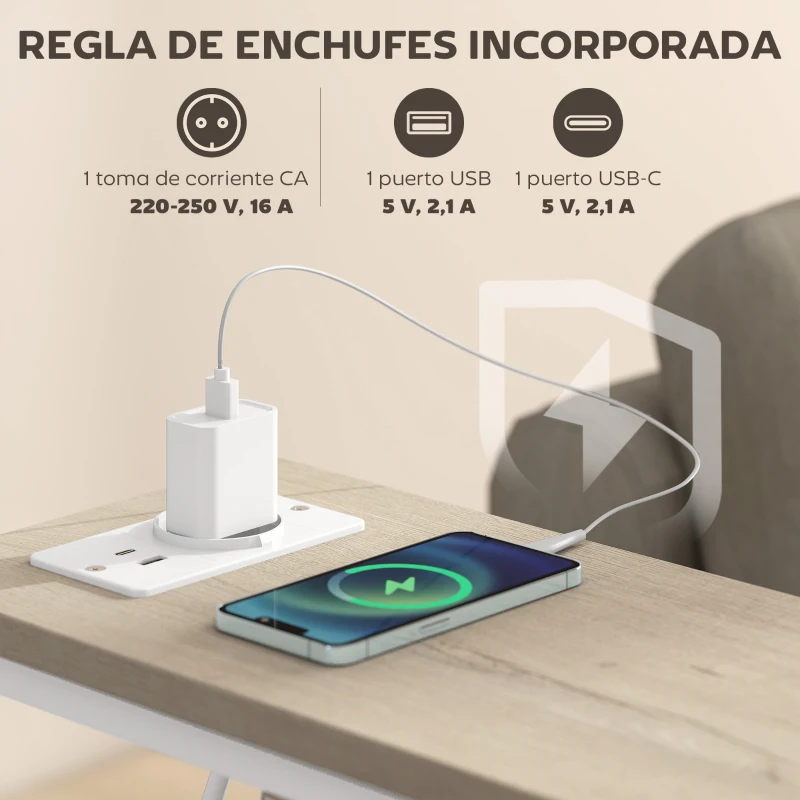 HOMCOM Juego de 2 Mesitas Auxiliares Estrechas con Enchufe Toma AC Puerto USB Puerto USB-C 2 Cajones de Tela Natural