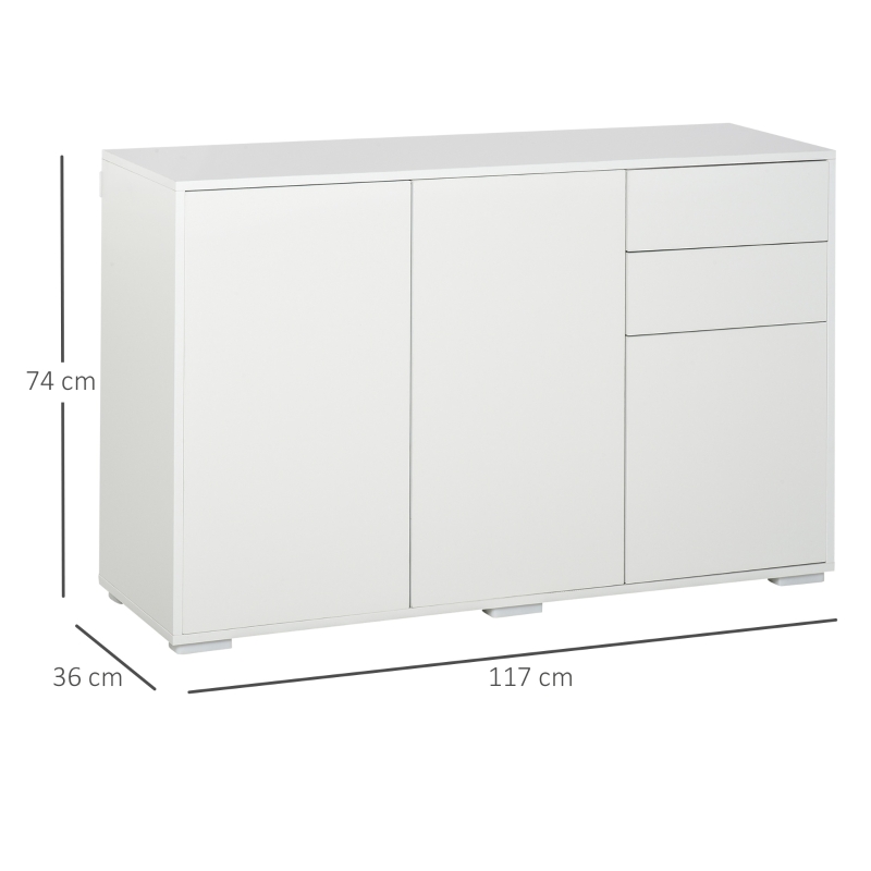 HOMCOM Buffet meuble de rangement 2 tiroirs coulissants 3 portes étagère réglable panneaux de particules 117 x 36 x 74 cm blanc