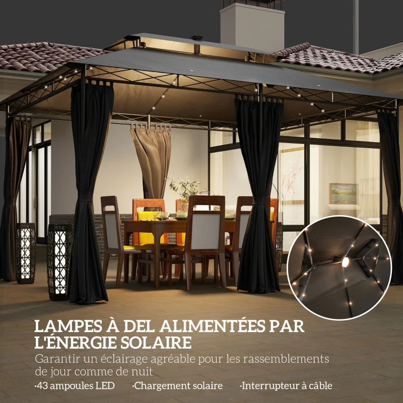 Outsunny Tonnelle de jardin extérieur barnum 3 x 4 m avec moustiquaire et lumières LED solaire, double toit, gris