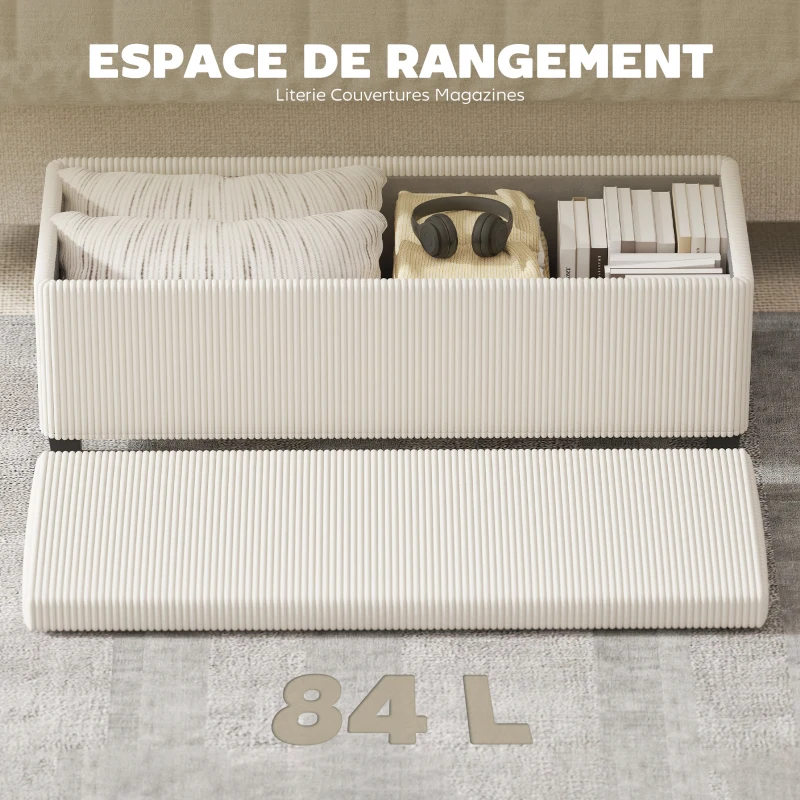 HOMCOM Banc de rangement bout de lit en velours côtelé avec couvercle, pour salon, chambre, entrée, 112 x 42 x 40 cm, beige