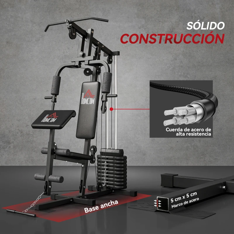 HOMCOM Máquina de Musculación con Pesas Ajustables de 45 kg Prensa de Pecho y Piernas Polea 135x103x210 cm Negro
