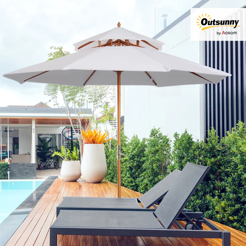 Outsunny 2.7 m Garden Parasol Umbrella, Double Tier Garden Umbrellas Outdoor Sun Umbrella Sunshade Bamboo Ribs, White