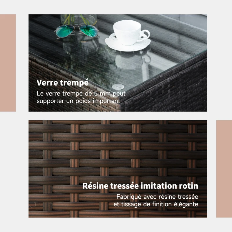 Outsunny Table Basse de Jardin Plateau Verre trempé 5 mm rotin tressé 85 x 50 x 39cm Max. 50 kg Marron