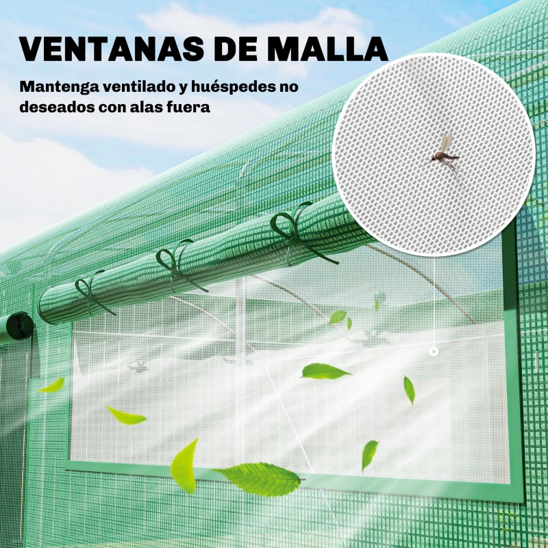 Outsunny Invernadero de Túnel 6x3x2 m con 6 Ventanas de Malla Cubierta de PE Anti-UV y 3 Puertas Enrollables Verde