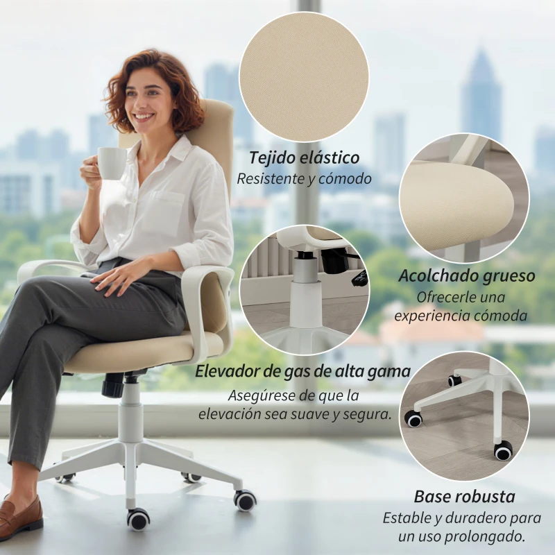 Vinsetto Silla de Oficina Giratoria Altura Ajustable con Reposabrazos Función de Basculante Respaldo Alto 62x56x110-119,5cm Beige