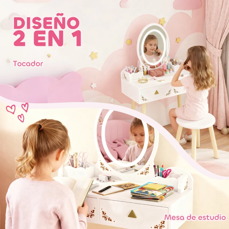 AIYAPLAY Tocador de Maquillaje Niña con Luces LED de 3 Colores Taburete Espejo 2 Cajones 2 Cajas de Almacenaje Blanco