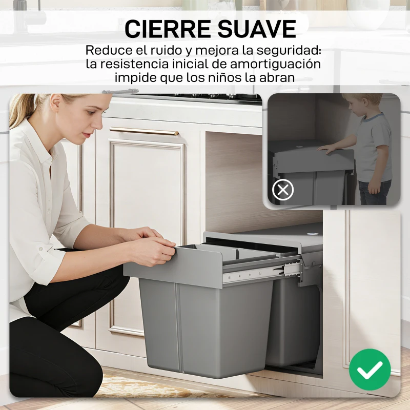 HOMCOM Cubo de Basura Extraíble bajo Fregadero con 2 Contenedores Capacidad Total 30L (15Lx2) Fijación Inferior Gris Claro