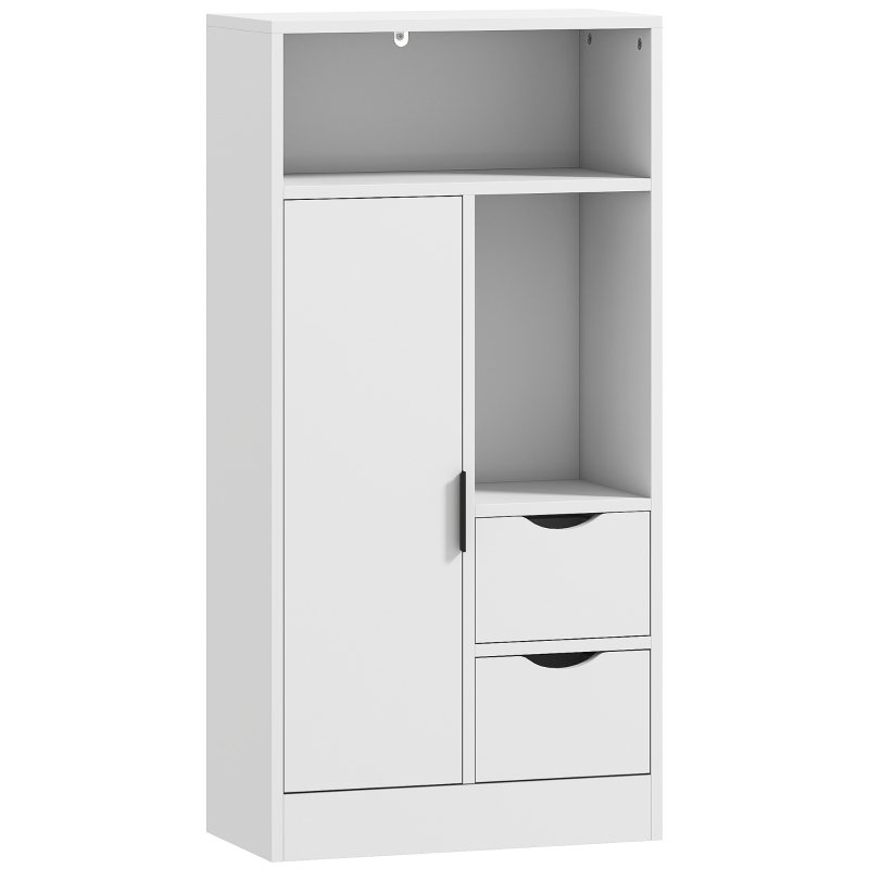 HOMCOM Meuble de salle de bain, meuble de rangement étroit avec 2 tiroirs, compartiments ouverts, 50x25x100cm, blanc