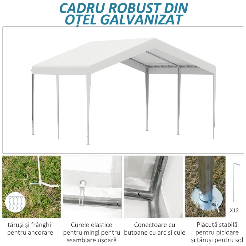 Outsunny Foisor 4x4m cu Acoperis de Protectie impotriva Razelor UV, Ploaie si Vant pentru Vehicule, Nunti si Petreceri - Alb