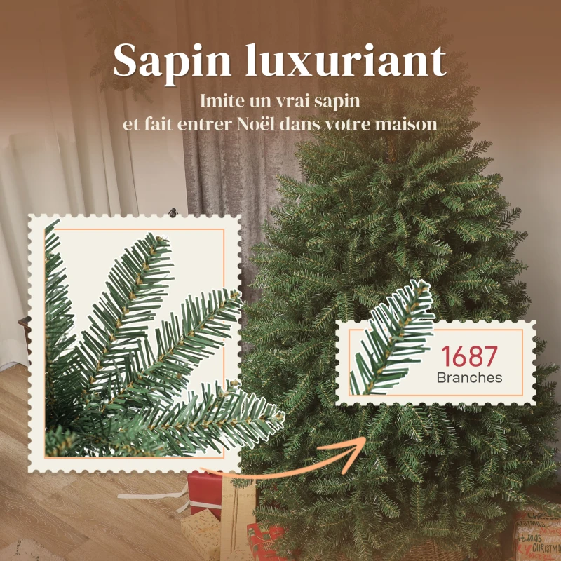 HOMCOM Sapin de Noël artificiel 180 cm, arbre de Noël réaliste avec 1687 pointes de branche articulée, support en métal, vert