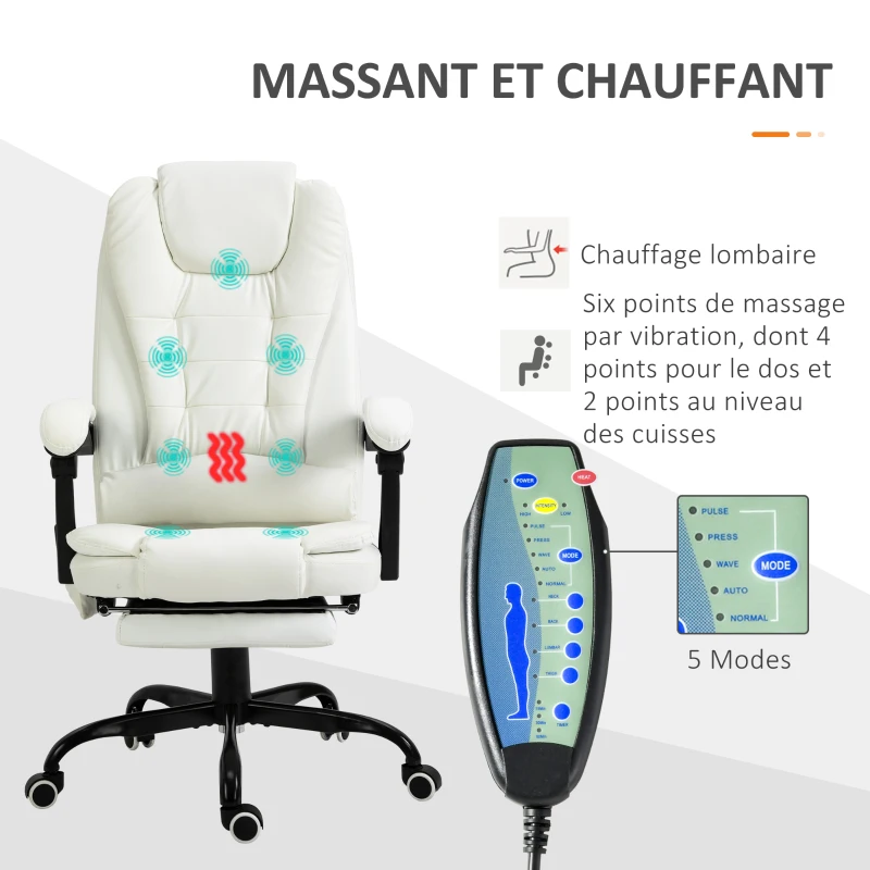 Vinsetto Fauteuil de bureau massant, chaise de bureau, chaise ergonomique avec hauteur réglable, dossier inclinable et télécommande filaire, repose-pieds rétractable et pivotant à 360°, blanc(m-4)