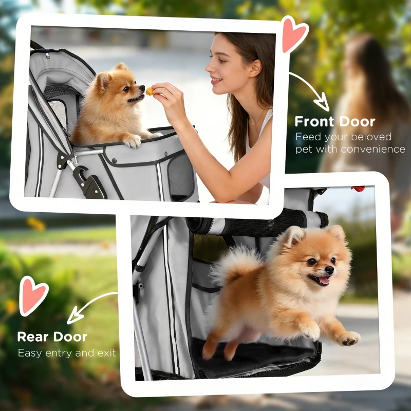 PawHut Passeggino per Cani Pieghevole con Catarifrangenti, Ruote Girevoli, Freni e Cuscino Lavabile, Grigio