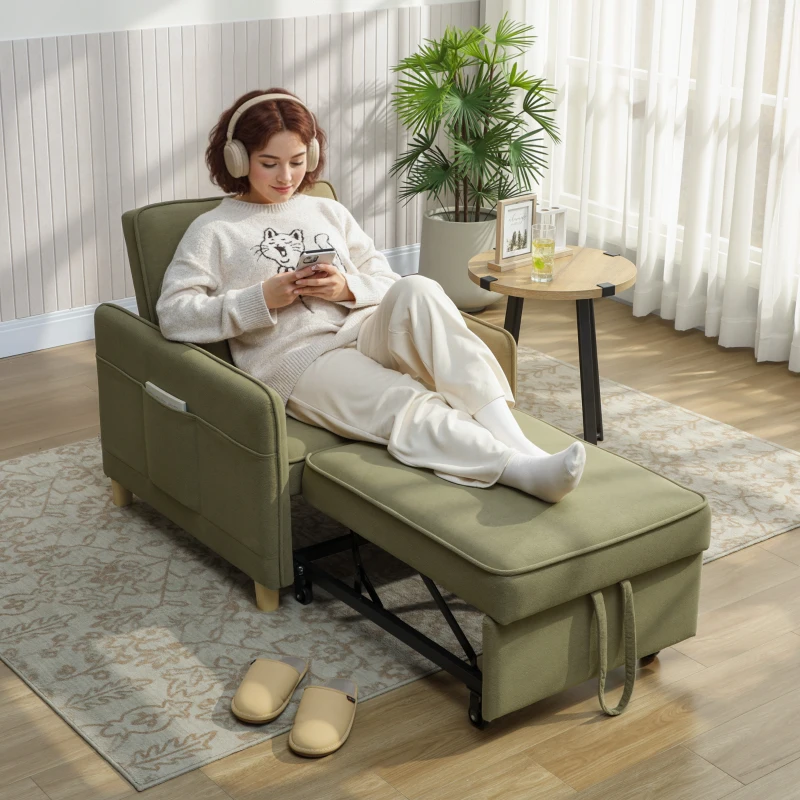 HOMCOM Poltrona Cama Estofado em Veludo Ecológico com Encosto Ajustável 3 Níveis 6 Bolsos Laterais 74x85,5x82 cm Castanho