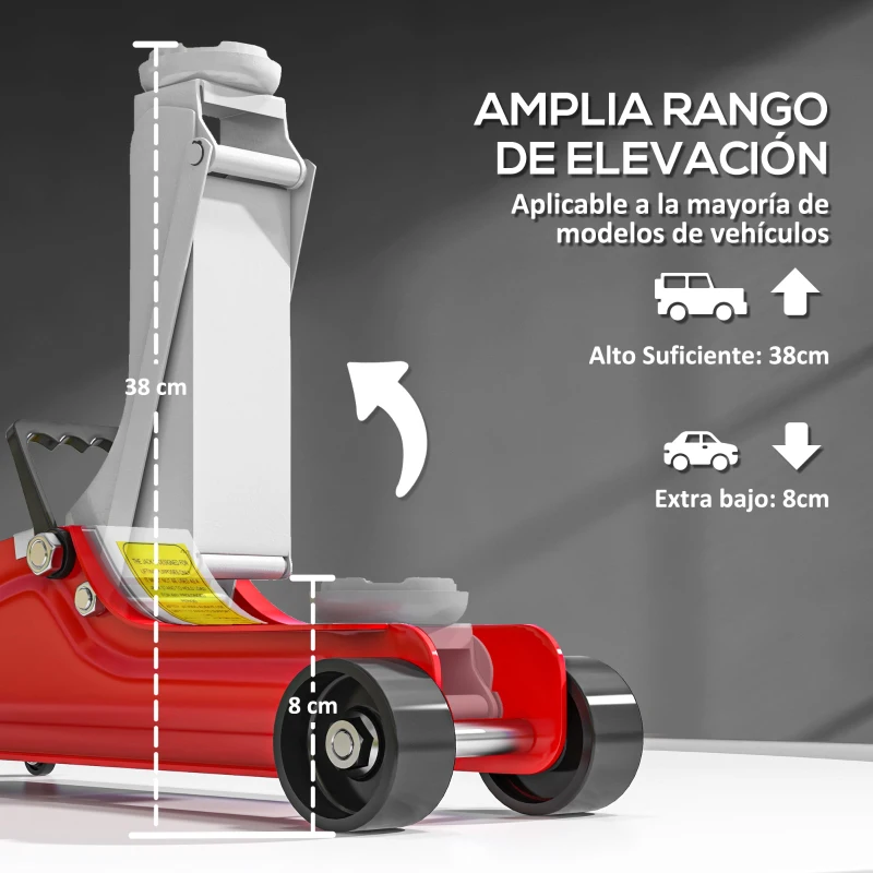 HOMCOM Gato Hidráulico para Coche 2,5T Altura de Elevación 80-380 mm con Perfil Bajo Ruedas para Automóvil SUV Rojo