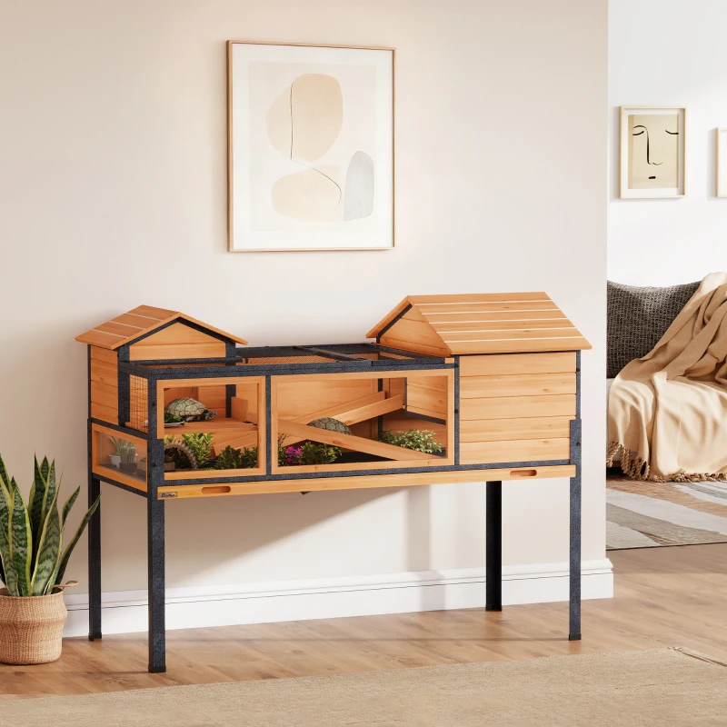 PawHut Casă pentru țestoase cu 2 etaje 2 camere ferestre rampe acoperiș rabatabil și tavă 128 x 63 x 96 cm galben