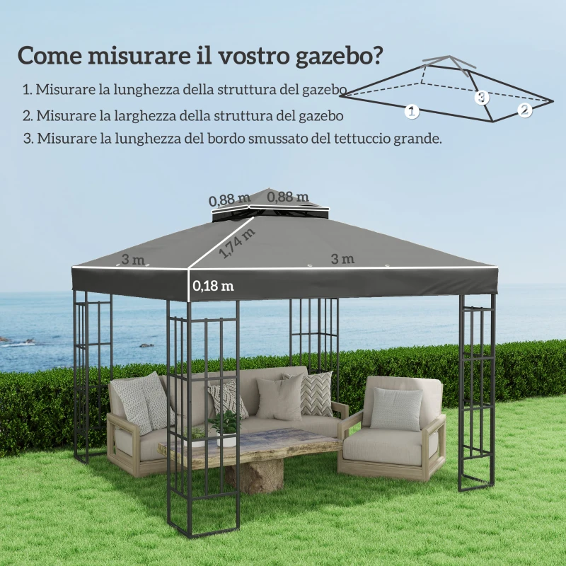 Outsunny Copertura per Gazebo da Giardino 3x3m UPF30+ a 2 Livelli in Poliestere Grigio Scuro