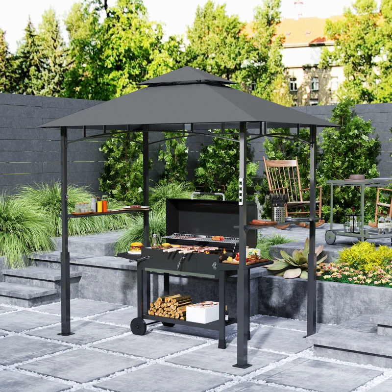 Outsunny Tonelă de grătar cu două niveluri copertină pentru grădină cu lumină LED 240 x 150 x 250 cm gri închis